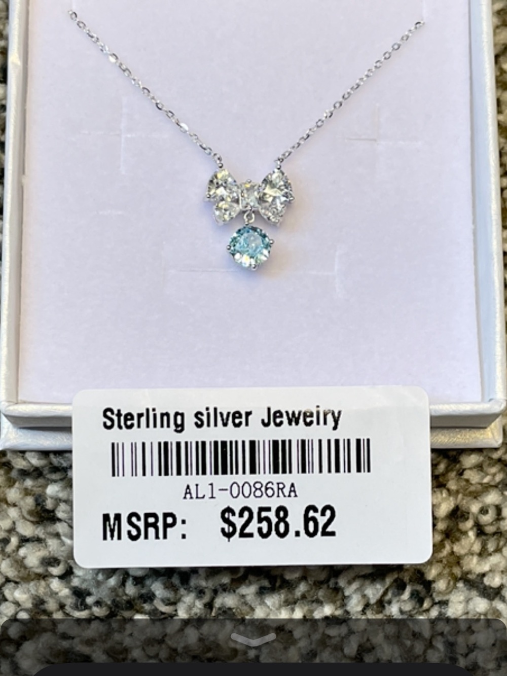 NIB Elegant Bow Pendant Necklace with Blue and Clear Stones.  18”. - Picture 2 of 5